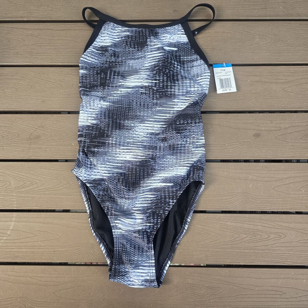 TYR Women's Durafast Elite Surge Grey/black Diamondfit 1 Piece Swim SZ 30 NEW